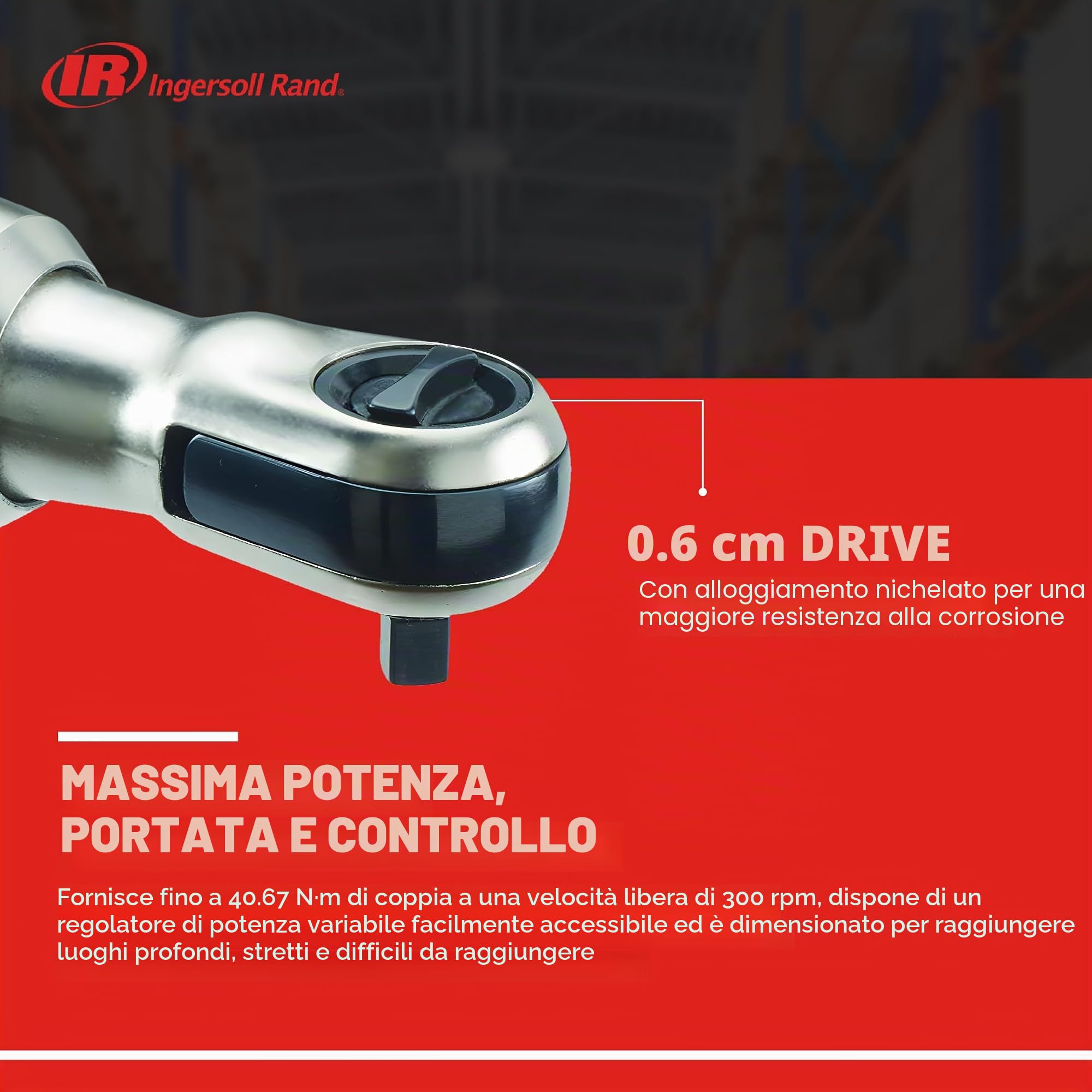 Ingersoll-Rand Mini Chiave a Cricchetto Pneumatica 1105MAX-D2, 1/4”, in Materiale Composito, 40,7 Nm di Coppia e 300 giri/min di Velocità Massima