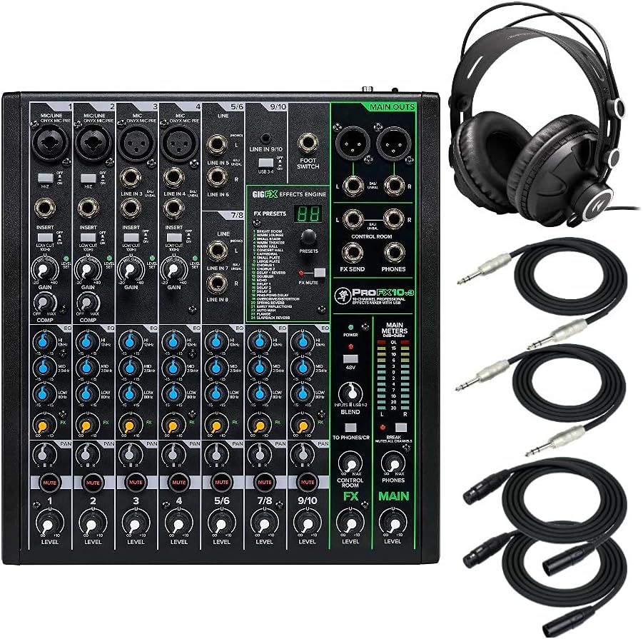 Mackie ProFX10v3 Unpowered 10-Channel FX USB Mixer Bundle - Includes Knox Gear TX-100 Closed-Back Studio Monitor Headphones, 1/4" TRS Cables, & XLR Cables (6 Items)