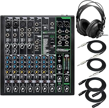 Mackie ProFX10v3 Unpowered 10-Channel FX USB Mixer Bundle - Includes Knox Gear TX-100 Closed-Back Studio Monitor Headphones, 1/4" TRS Cables, XLR Cables 6 Items