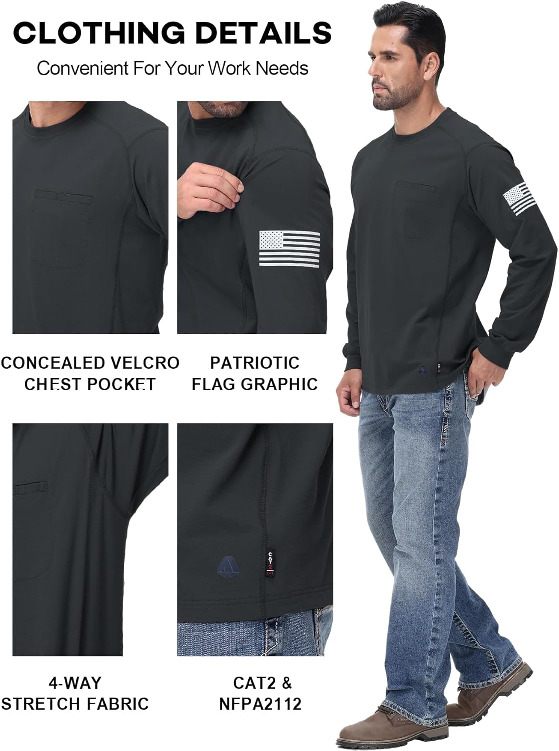 FR Shirts for Men 5.5OZ Lightweight Stretch Patriot Baseball T-Shirt Work Shirt - Image 5