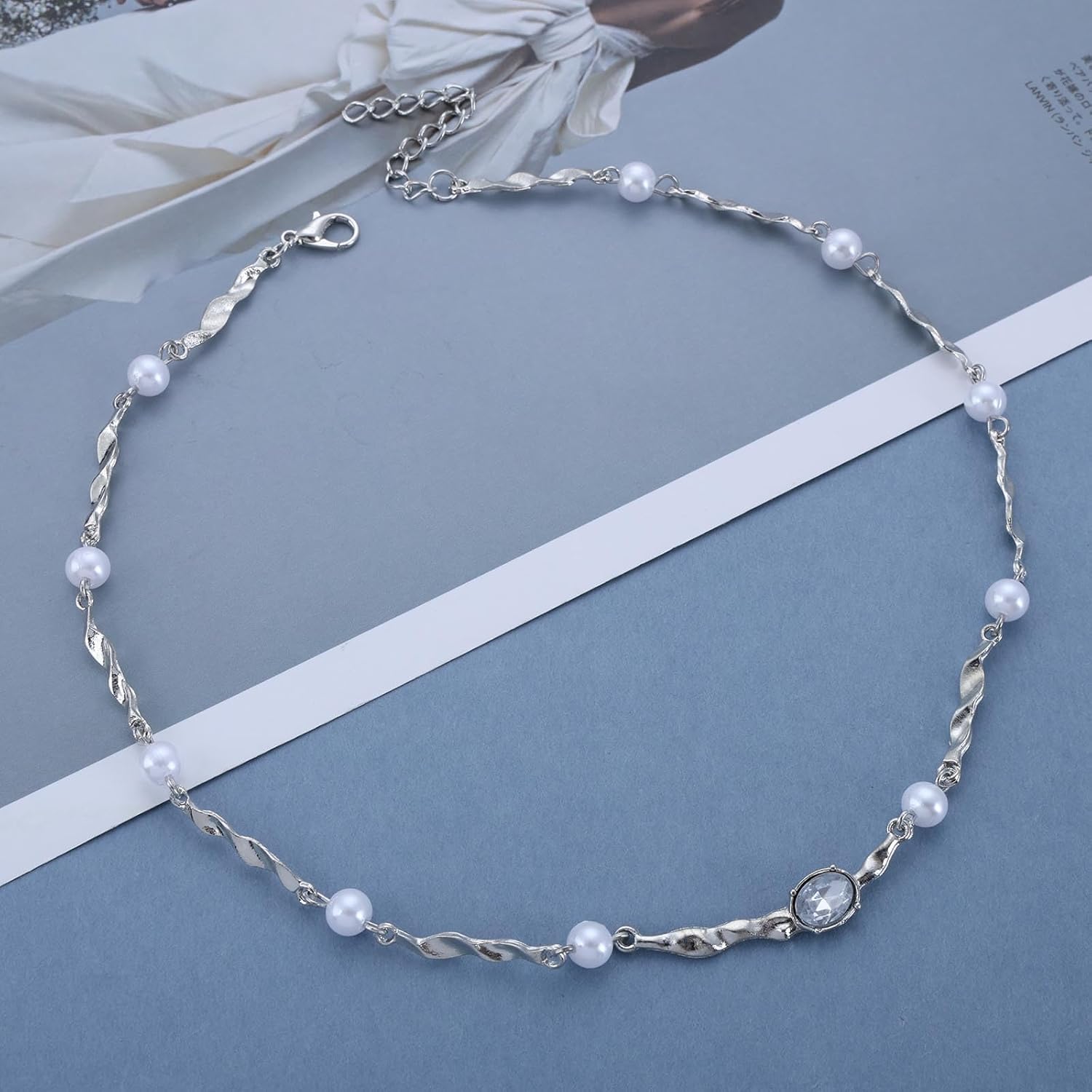 Vintage Crystal Pearl Necklace Boho Pearl Choker Necklace Crystal Dot Choker Necklace Rhinestone Pearl Necklace Silver Spiral Chain Necklace for Women - Image 3