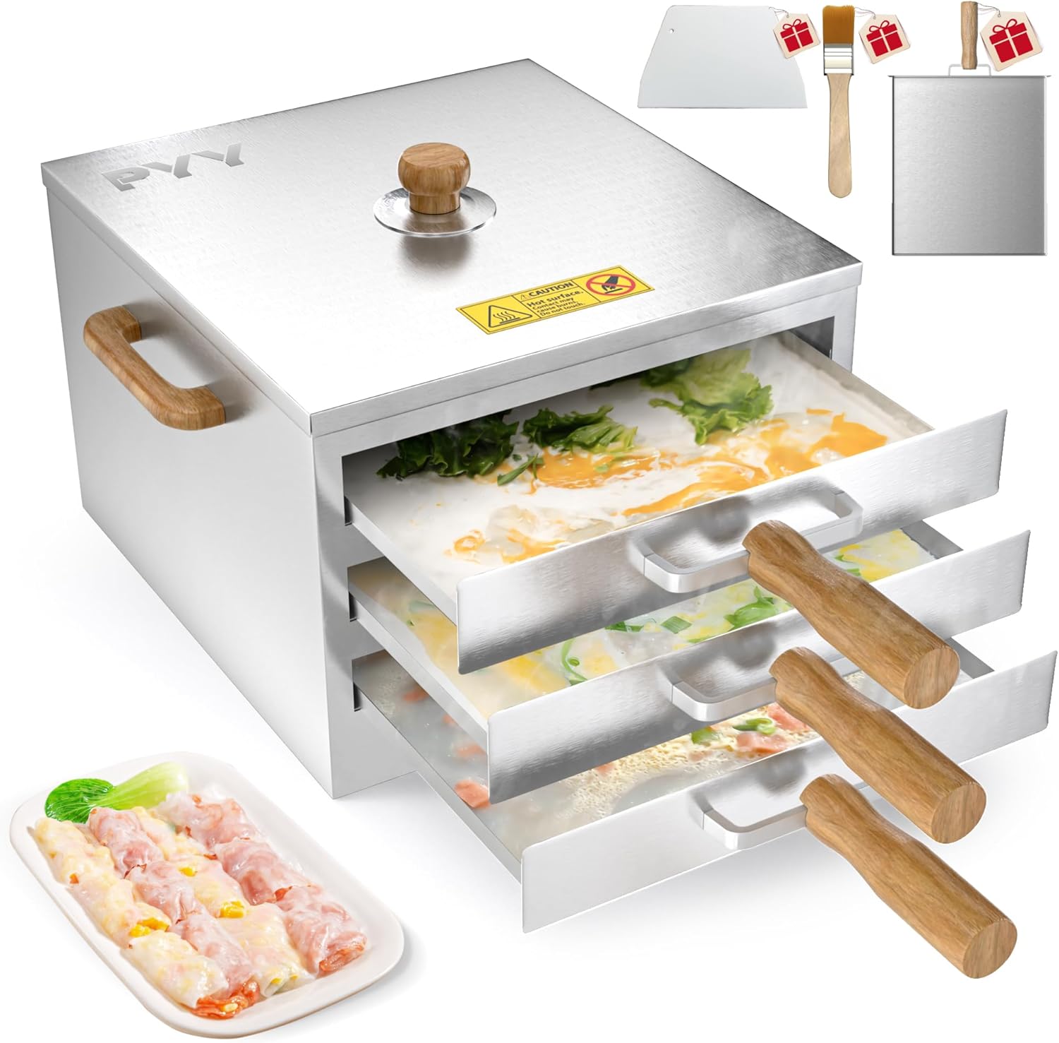 PYY Rice Noodle Roll Steamer Machine - 3 Layers 4 Trays Cantonese Cheung Fun Machine，Anti-scalding Handle Changfen Maker for Commercial and Home, Extra Stainless Steel Steam Tray and Wooden Handle