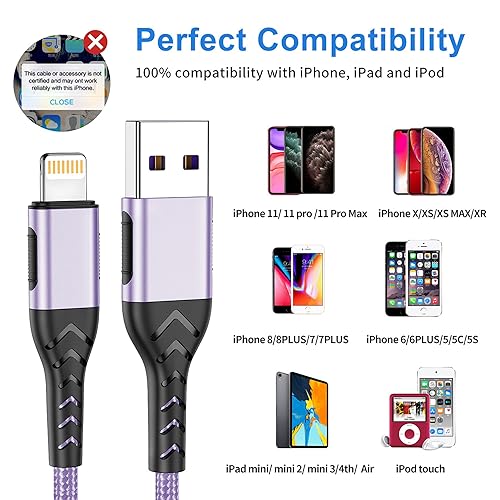 Miniatura 6 de Durcord Cargador de iPhone, certificado Apple MFi Paquete de 3 cables USB A de 10 pies para cable de carga Lightning largo, cable de carga rápida de