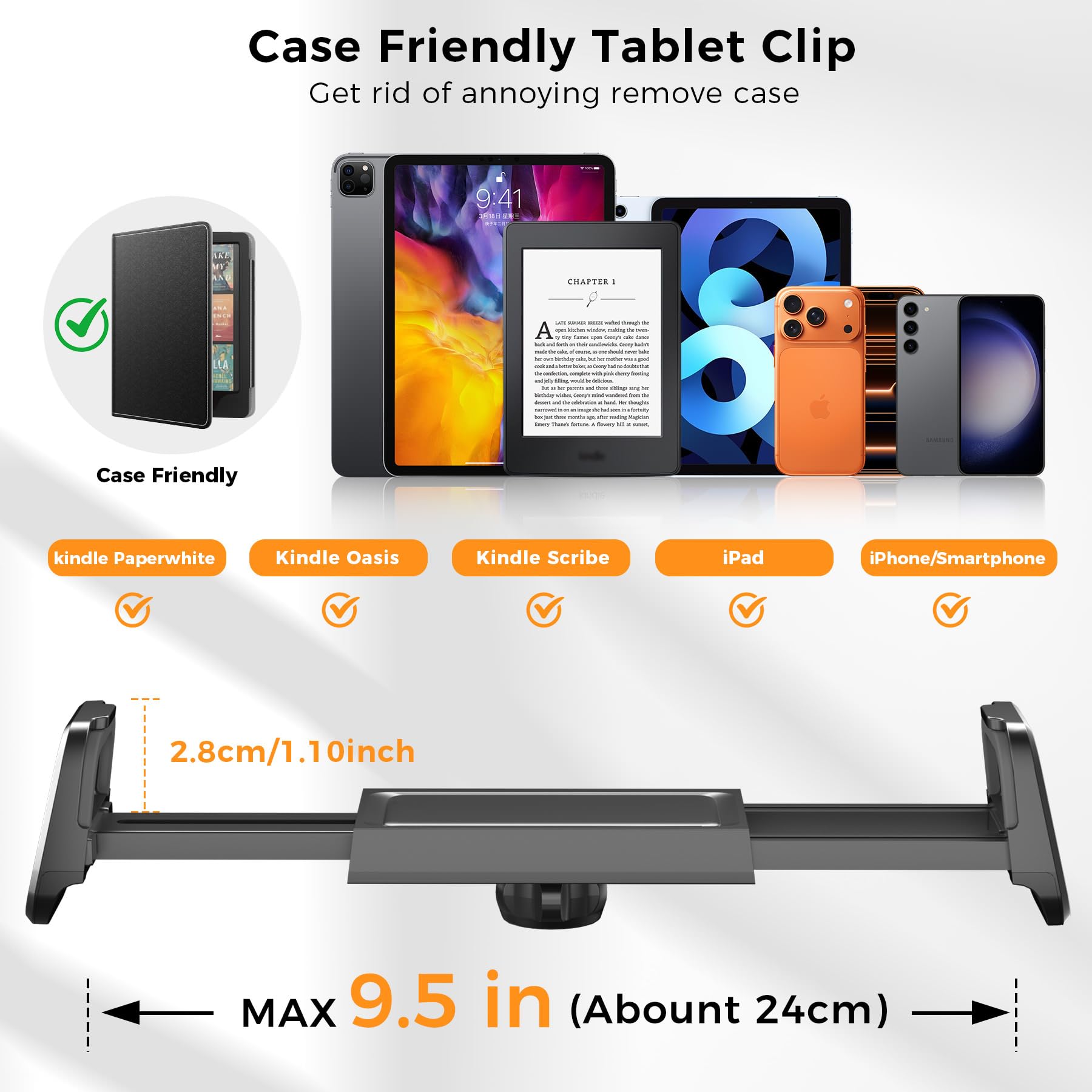 Kefotic Supporto per tablet a collo d'oca lungo per letto, funziona con custodia spessa, supporto per eReader compatibile con tutti i Kindle Paperwhite Colorsoft Scrible, braccio flessibile da