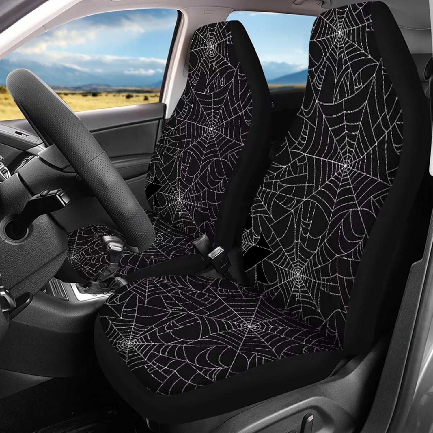 Spider Web Car Seat Covers Full Set with Floor Mats,Spider Web Car Steering Wheel Cover,Seat Belt Cover Pad Universal Fit for Most Cars Trucks SUVs Auto Interior Accessories