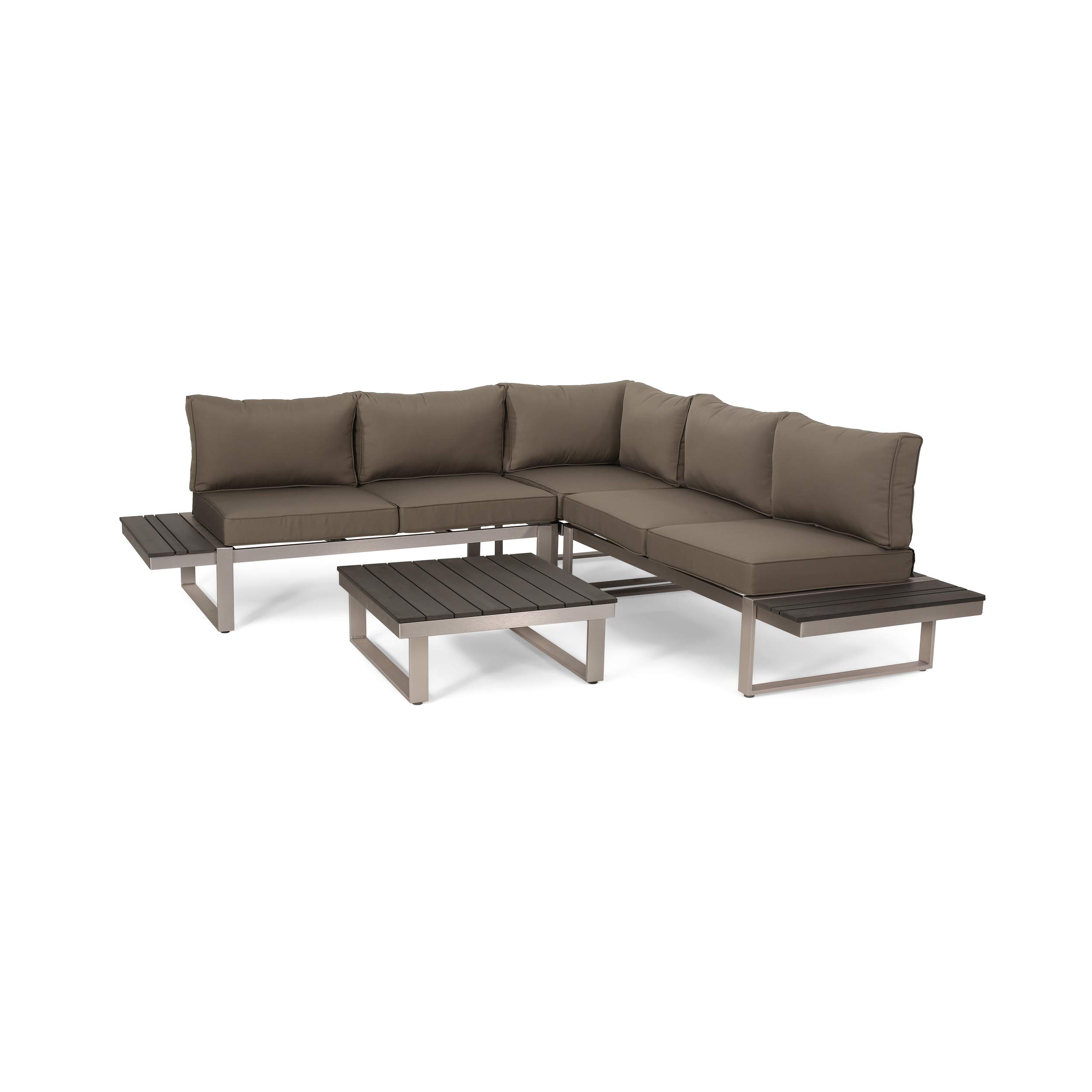 (similar)Christopher Knight Home Stacy Outdoor Aluminum V-Shaped 5 Seater Sofa Set with Cushions, Khaki and Gray,Silver + Gray + Khaki
