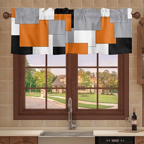 PakiInno Cenefa de cortina de cocina con bolsillo para barra, color naranja, negro, gris, costuras de bloque de color, arte abstracto, bolsillo para