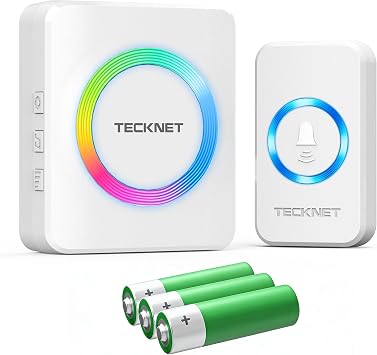 TECKNET Wireless Doorbell, Door Bell 0-120dB, Battery-Powered 1300ft Range, Classroom Doorbells IP66 Waterproof, 60 Chimes & 5 Volume Levels, RGB Light for Home Kids Classroom Hearing Impaired, white