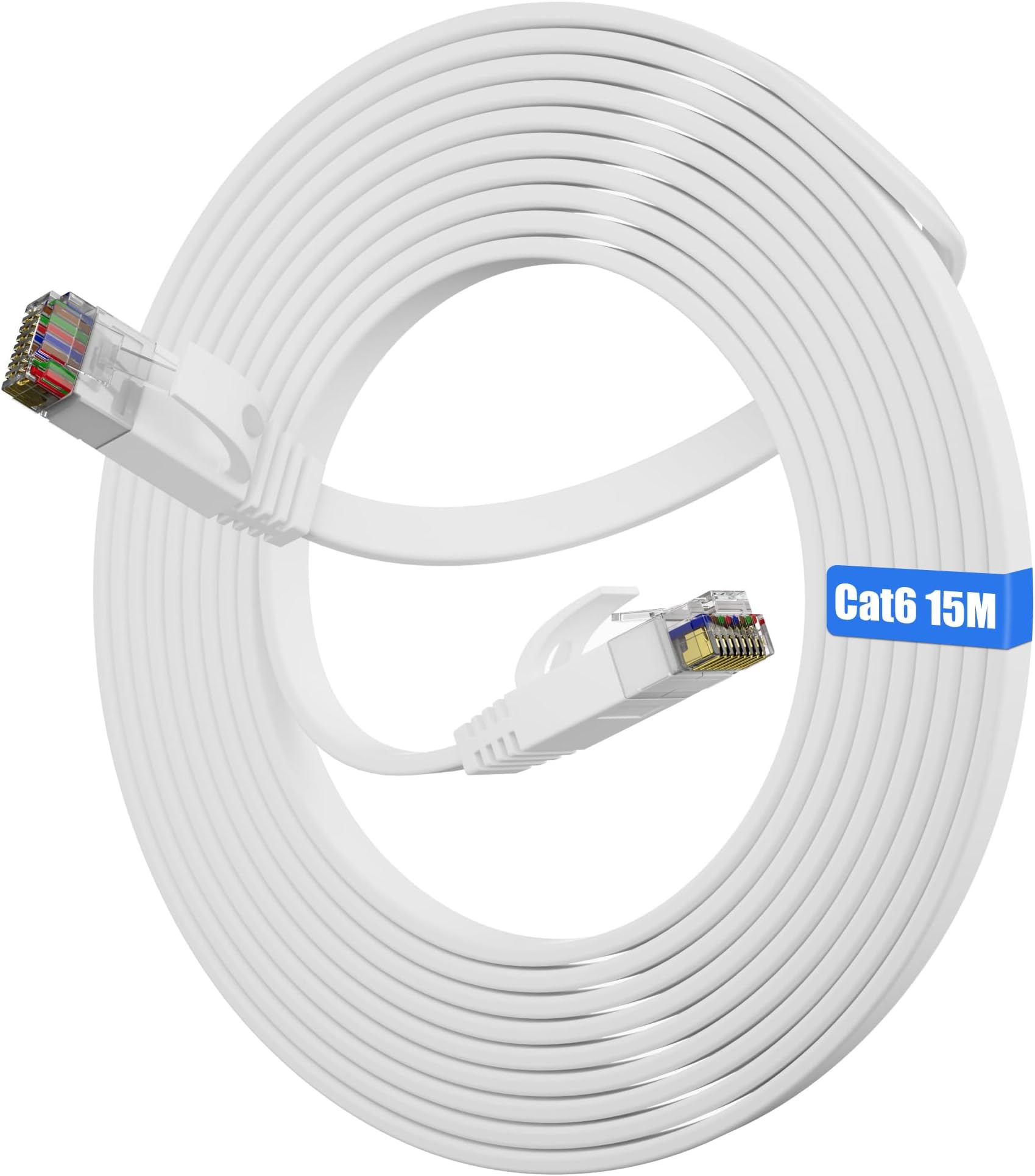 Soibke Cat 6 Ethernet Cable 15m, Flat LAN Cable High Speed Gigabit, Extra Long Network Cable 15 Metres Internet Cable White, RJ45 Cabls 1000Mbps Wlan Cables Thin Patch Cables for Modem Router