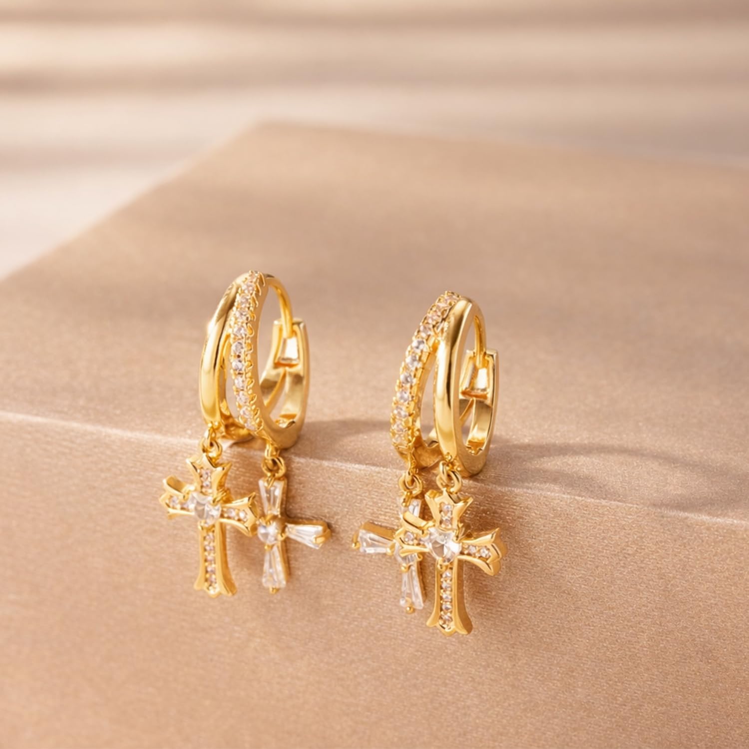 Double Huggie Hoop Earrings with Charms Cross Dangle Earrings Gold/Silver Double Cross Drop Hoop Earrings for Women Men Trendy - Image 6