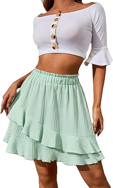Amazon Com Women S High Waisted Flowy Mini Skirt Tiered Irregular Ruffle Short Skirt Summer Fashion A Line Mini Skirt For Beach Clothing Shoes Jewelry
