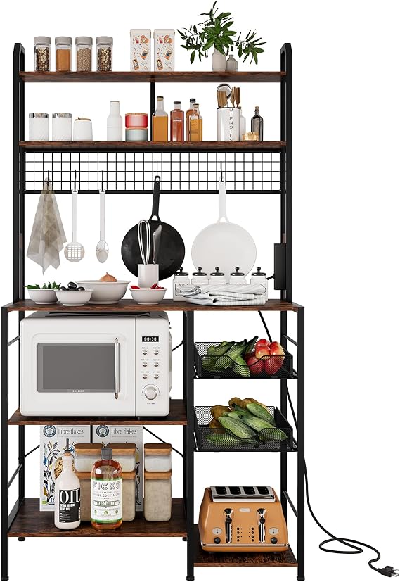 Bakers Rack with Power Outlet,Coffee Bar with Wire Basket, Kitchen Microwave Stand with S-Shaped Hooks, Open Storage Shelves
