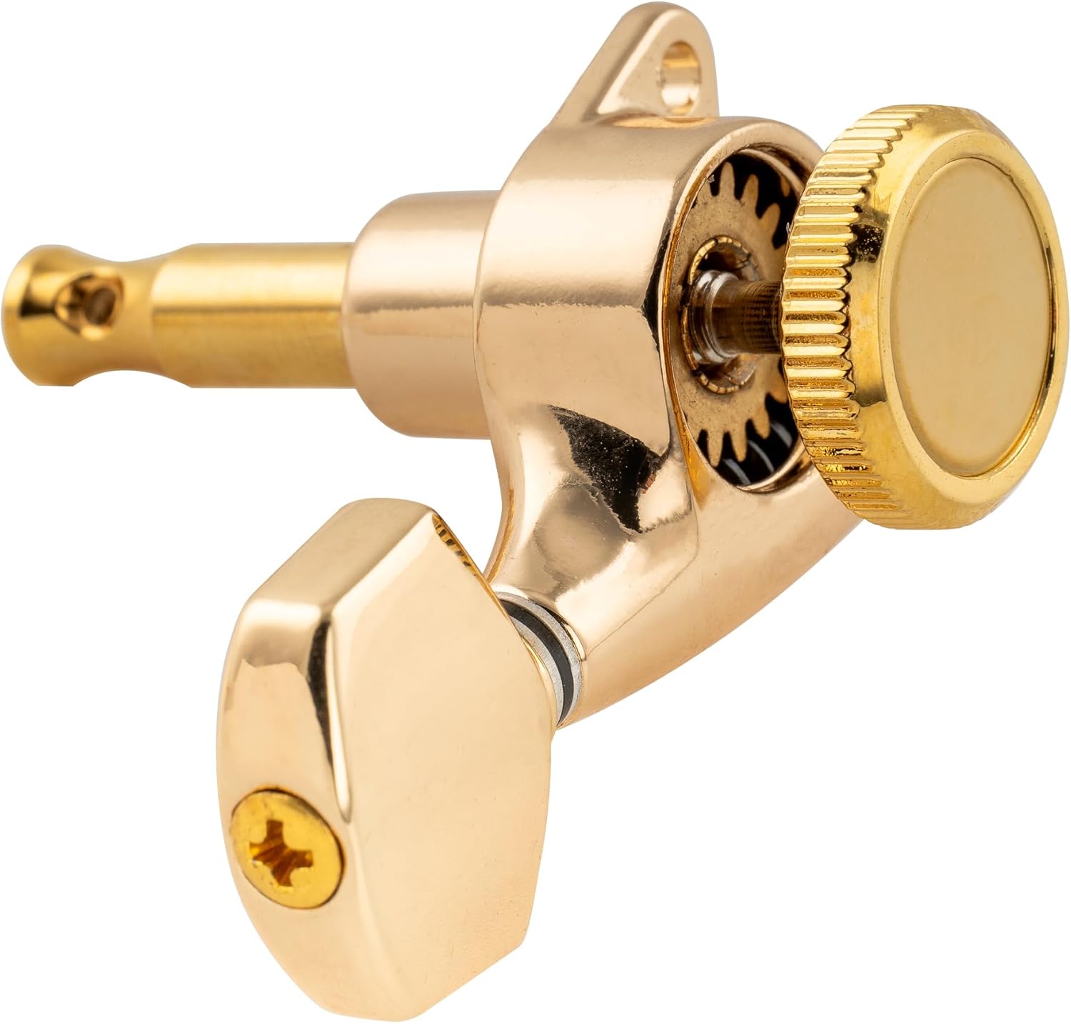 Musiclily Pro 6-in-line 18:1 Ratio Guitar Locking Tuners Machine Heads Guitar Locking String Tuning Pegs Keys for Strat Tele Style Electric Guitar, Gold with Hex Button