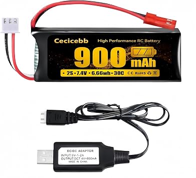7.4V 900mAh Lipo Battery 25C with JST Plug for The Blade 200 QX and CX/CX2/CX3 WLtoys X520 RC Helicopter 1 Pack with USB Charger
