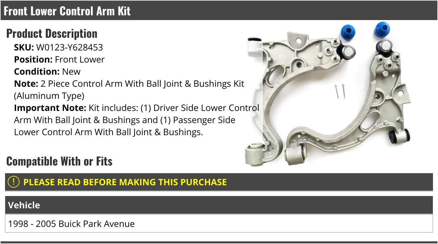 Front Lower Control Arm and Ball Joint Assembly Kit - 2 Piece - Aluminum Type - Compatible with 1998-2005 Buick Park Avenue