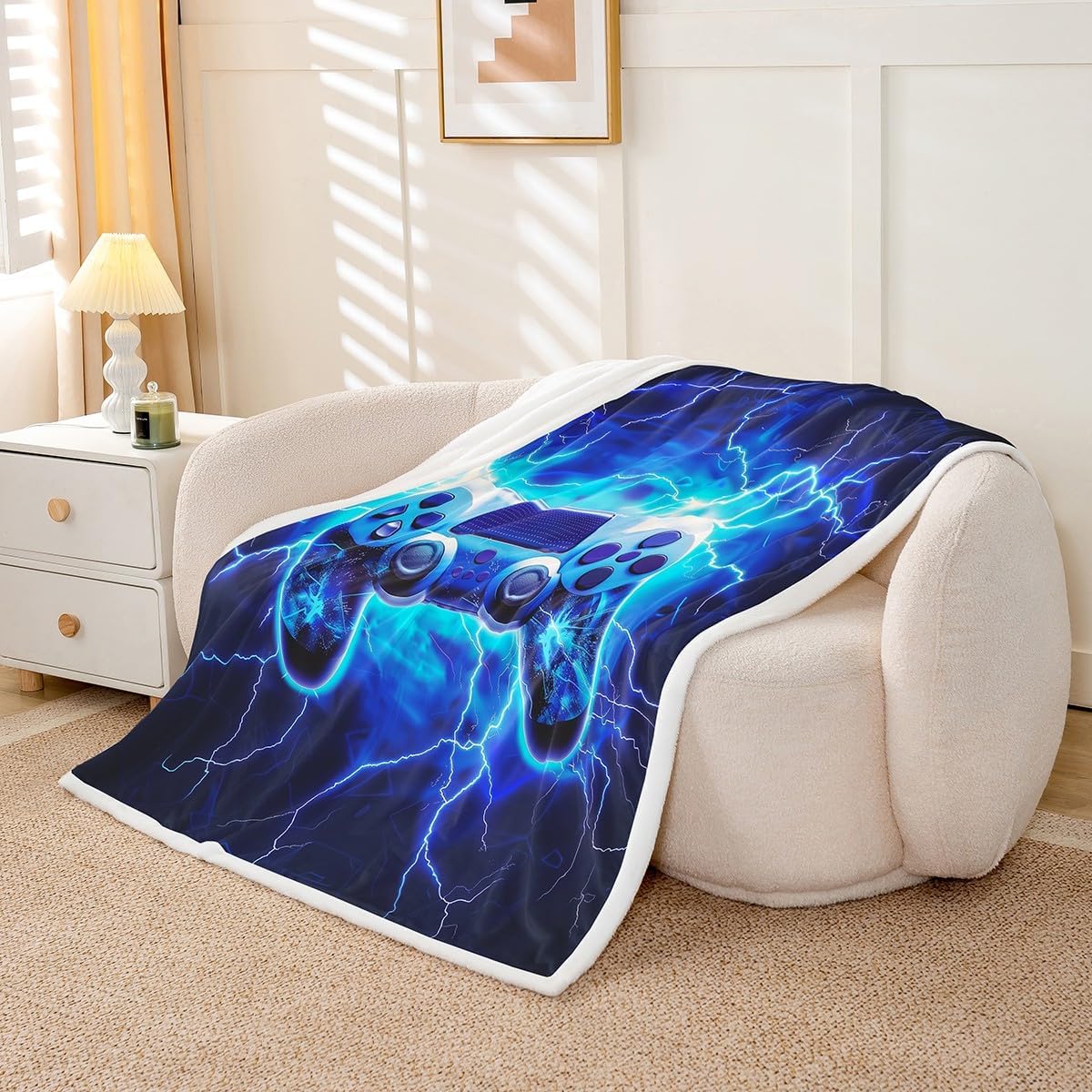 Manfei Game Kids Throw Blanket,Vedio Gaming Lightnings Gamepad Bed Blanket,Console Action Buttons Modern Girls Boys Sofa Decor,Blue Fuzzy Blanket,Baby Size (30 x 39 Inches) image 2