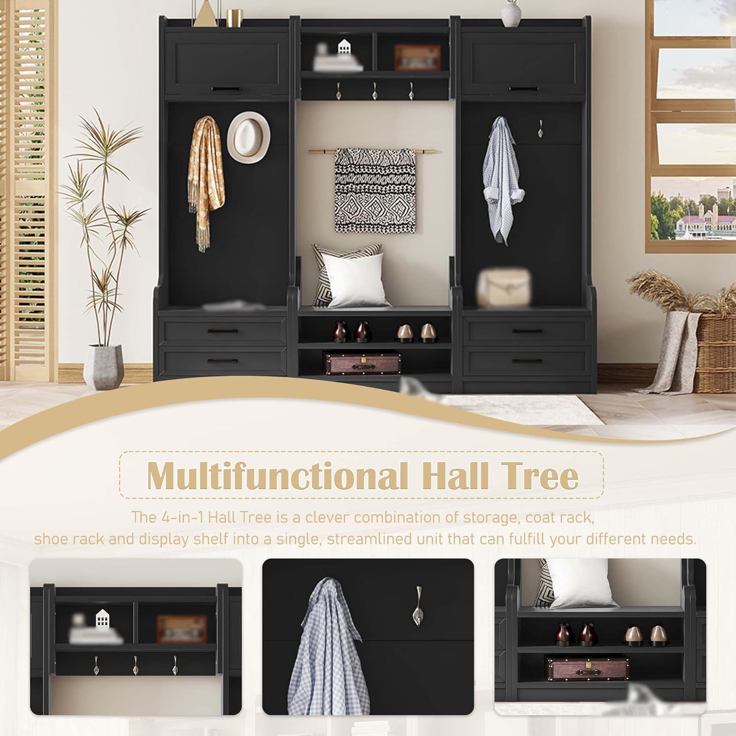 4-in-1 Detachable Hall Tree, Multi-Functional Wooden Hallway Coat Rack with 7 Hooks, Storage Drawers and Cabinet, Modern Shoe Bench Entryway Organizer for Living Room, Office, Easy Assembly, Black