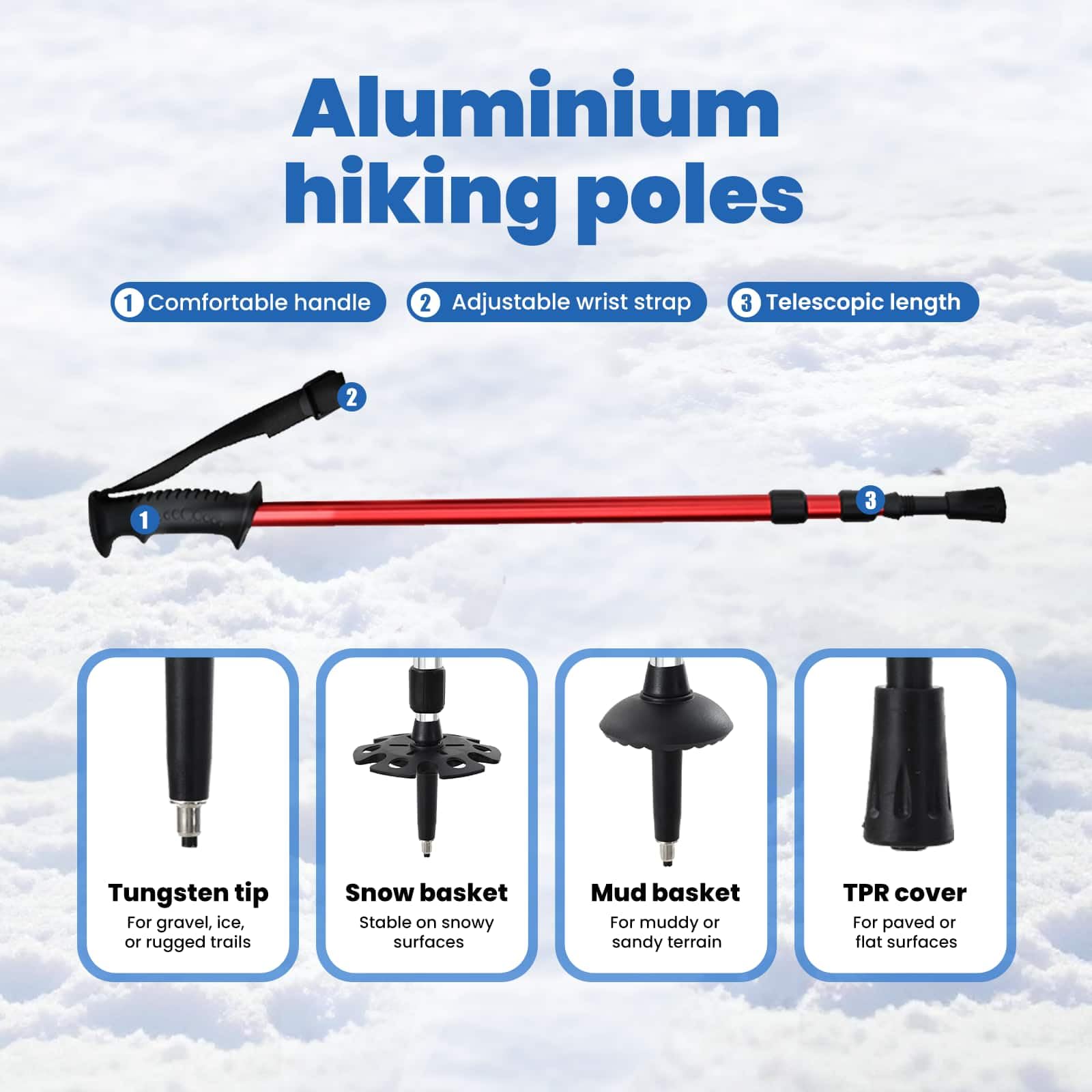 vidaXL Racchette da Neve 3 in 1 con bastoni da Trekking Rosso e Nero, Ciaspole in Alluminio per Il Giardino, Attrezzatura Outdoor Regolabile, Accessori Moderni per Camminare sulla Neve