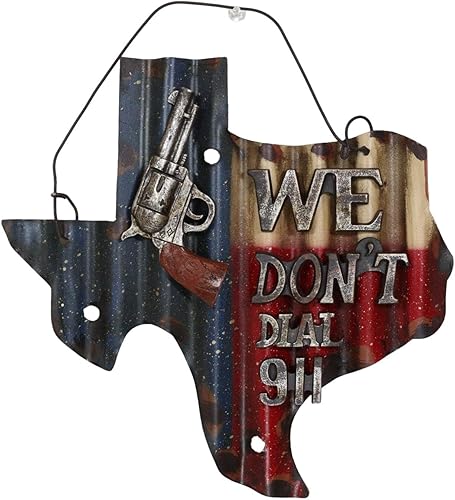 Miniatura 1 de Ebros Gift Letrero occidental con texto en inglés We Don't Dial 911 Wild West Pistol Revolver Gun Texas State Map Metal galvanizado con acabado