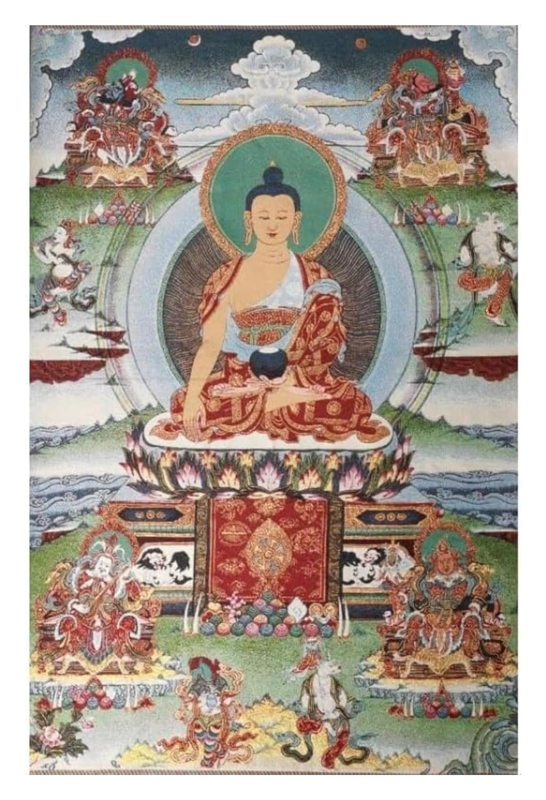 PZOFERLIN Ricamo tibetano Thangka Ricamo in seta tibetano Thangka Sakyamuni Buddha 4 protettori del Dharma Arazzo 60x90 cm