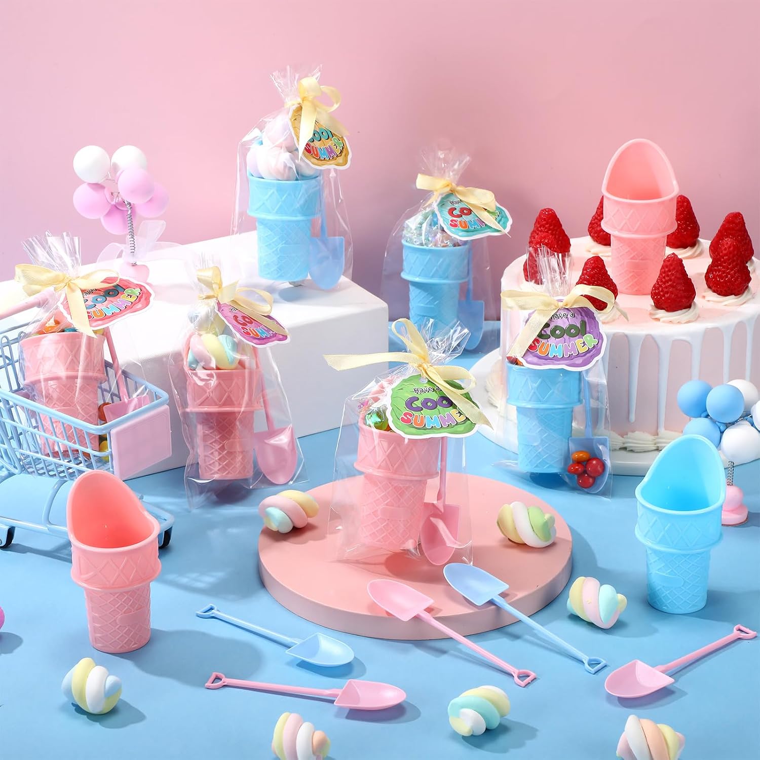 24 Pack Ice Cream Party Favors for Kids End of Year Gifts Including 24 Plastic Ice Cream Bowls and 24 Spoons with Have a Cool Summer Cards for Children Sundae Frozen Yogurt Summer Holiday Pool Beach