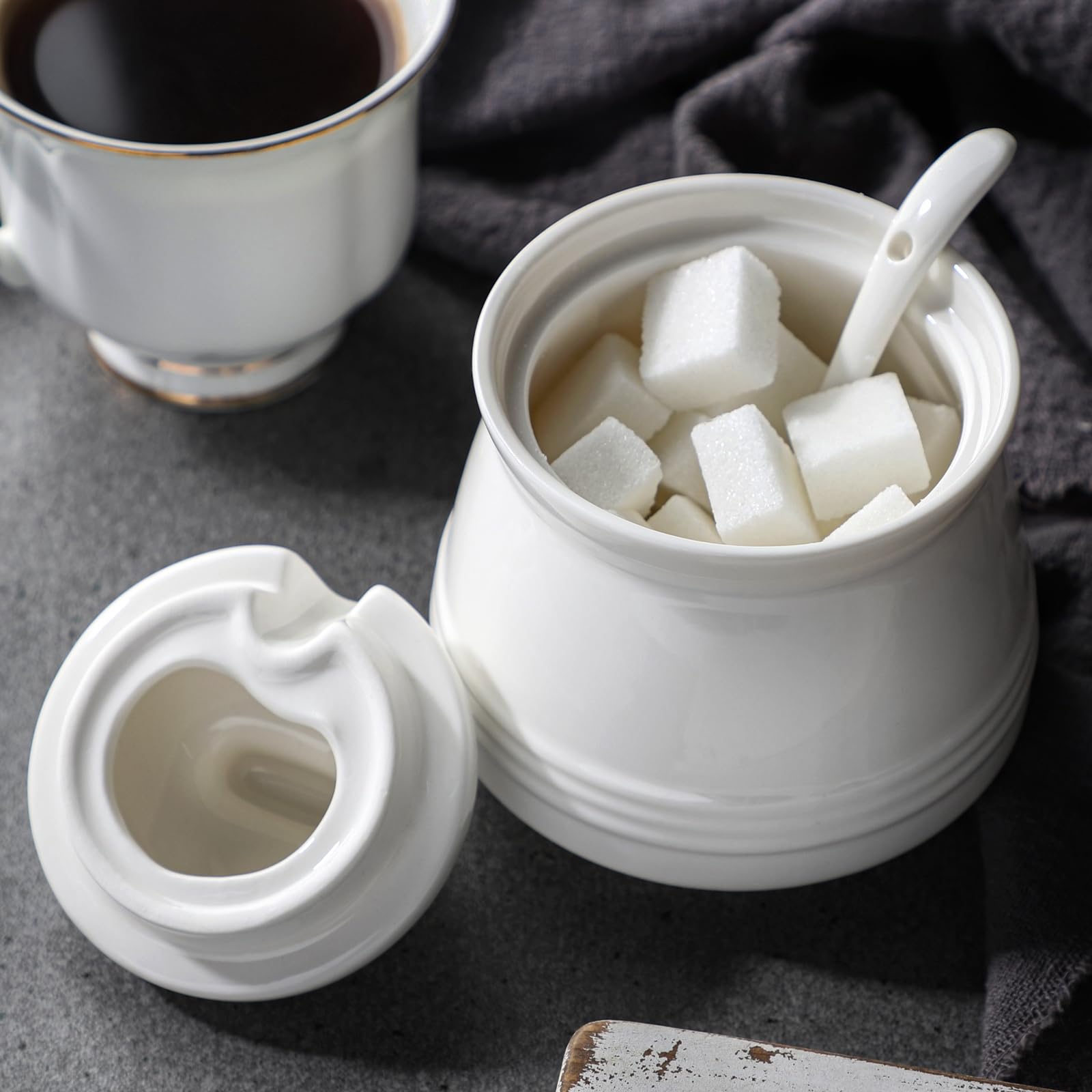 zeeooil Sugar Bowl with Lid and Spoon Set of 2 Ceramic Sugar Pot Container (White), Medium - Image 4