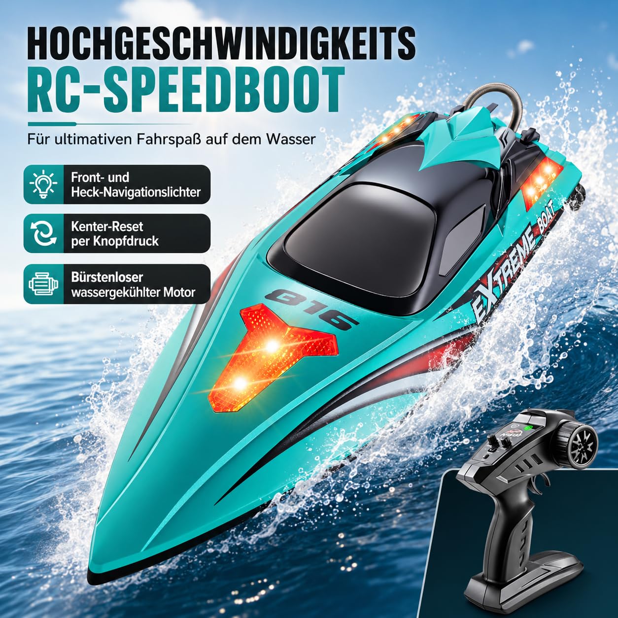 Ferngesteuertes Boot 55 km/h, RC Boot mit Bürstenlosem Motor & LED, Doppelt wasserdicht, Selbstaufrichtung & Reichweitenalarm, Motorboot für Erwachsene, für Pools und Seen