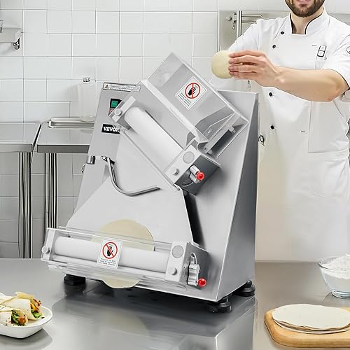 Vista 8 de VEVOR Hoja de rodillo de masa de pizza, prensa automática de pizza de acero inoxidable de 3 a 14 pulgadas, máquina eléctrica comercial para hacer