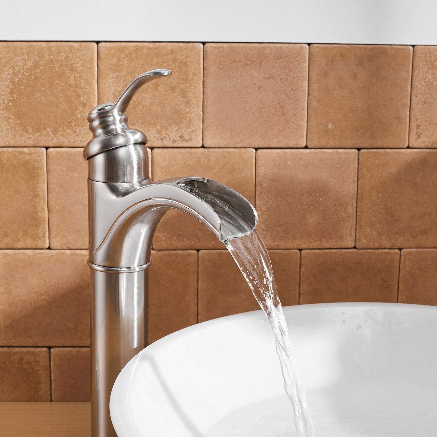 Big Sale BWE Vessel Sink Faucet Brushed Nickel Waterfall Single Hole Commercial Bathroom Sink Faucets & Parts Supply Hose Single Handle Bath Lavatory Vanity Sink Mixer Tap