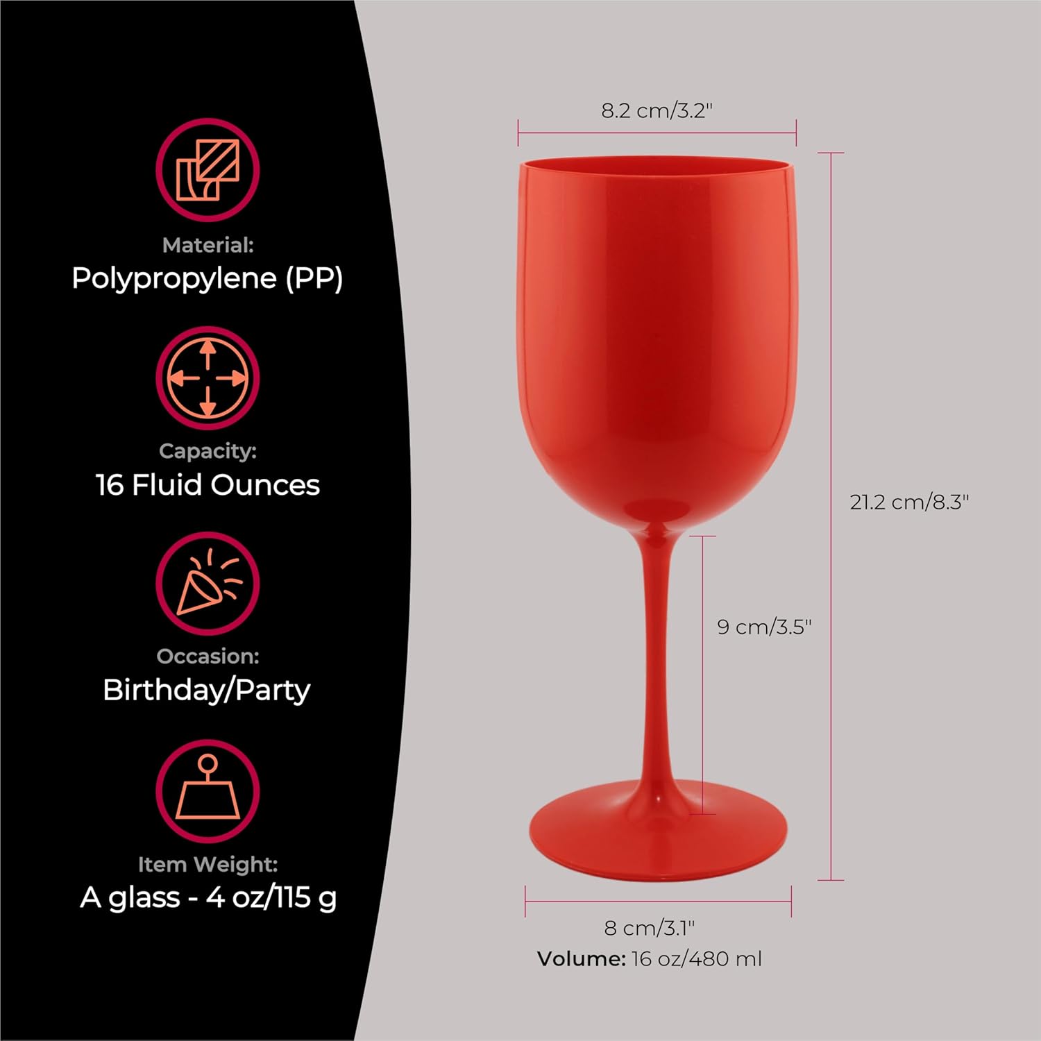 FOX & GRAPES Plastic Stemmed Wine Glasses | Unbreakable/Shatterproof, Reusable, Food Safe, Dishwasher Safe, For Birthday and Party, 16oz (Red, Set of 12)