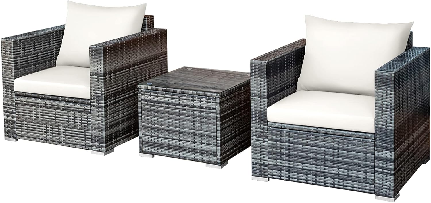 DORTALA 3 Pieces Patio Furniture Set, Outdoor Rattan Sofa Couch Set with Cushions, Tempered Glass Coffee Table, Wicker Patio Conversation Set for Lawn Backyard Poolside Balcony, White