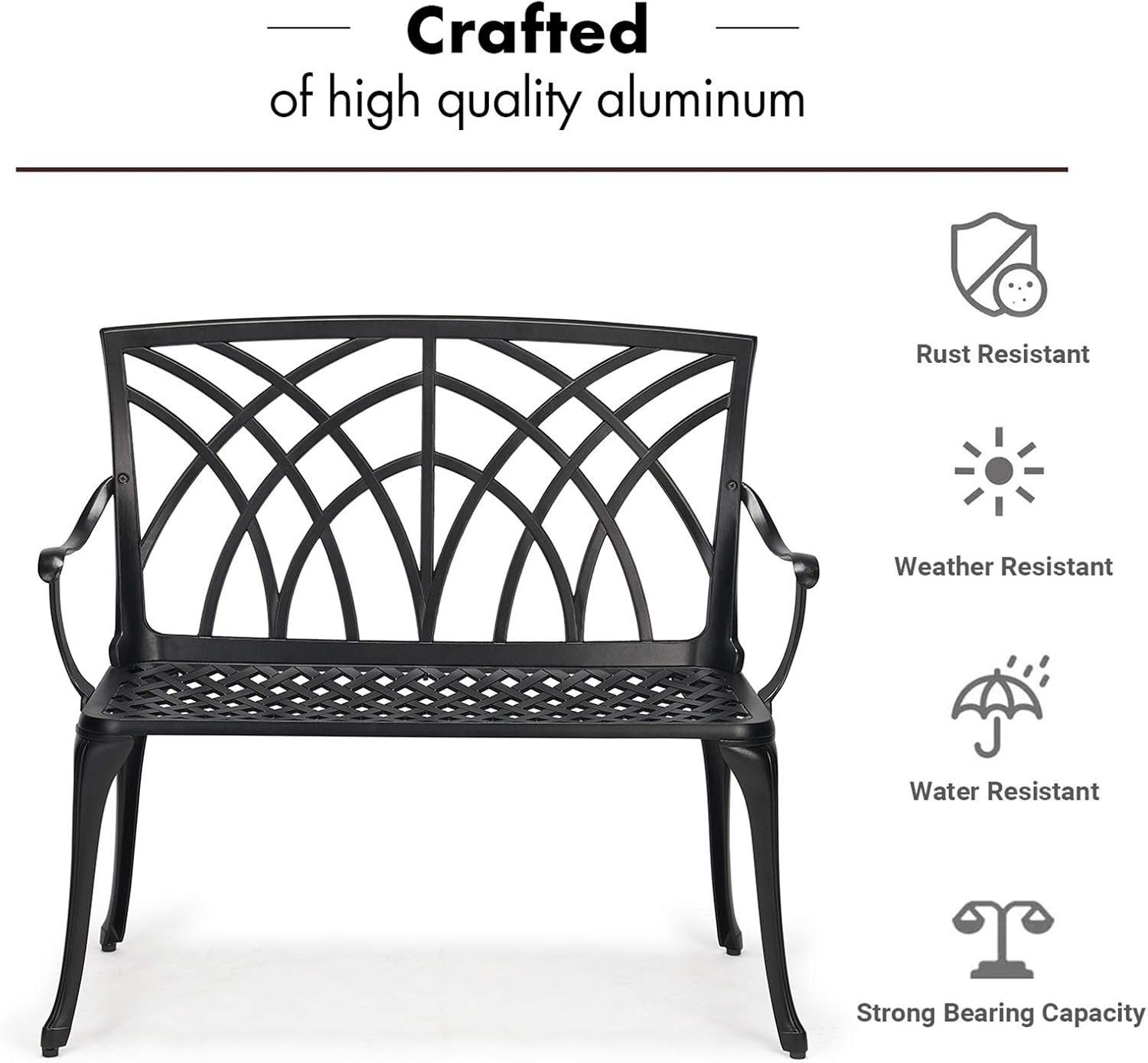 Laurel Canyon 38" Outdoor Patio Bench, Cast Aluminum Construction Furniture Chair, 2-Person Seating for Porch Backyard Garden Pool Deck, Black