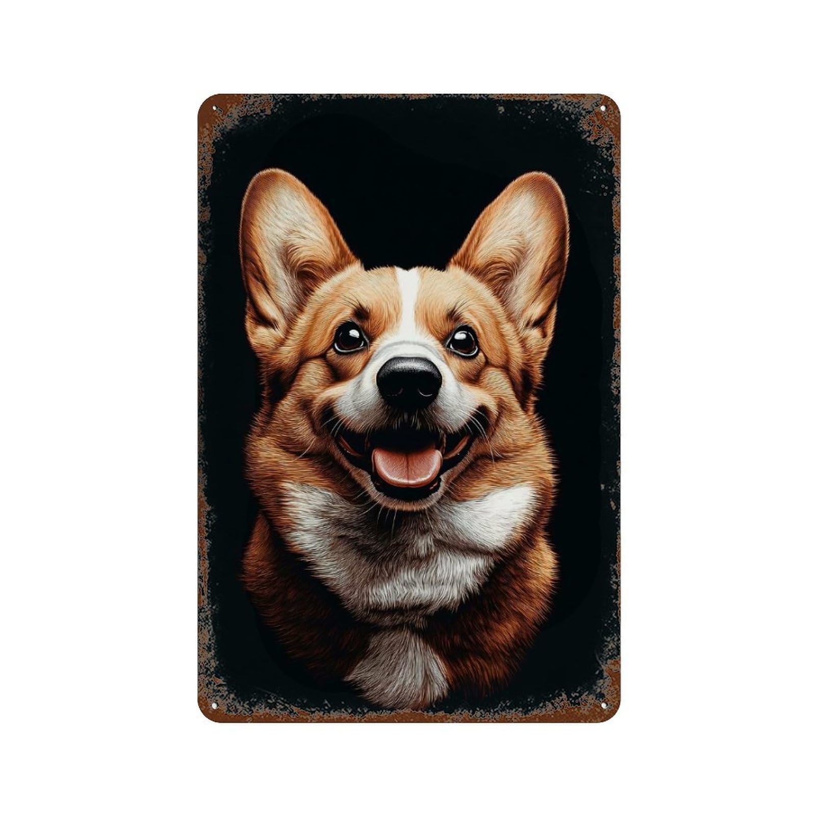 Rust Effect Smiling Corgi Portrait on Black Background Rustic Tin Plaque 11.8"x7.9", Industrial Home Decor for Bistro, Counter And Cafe Decor