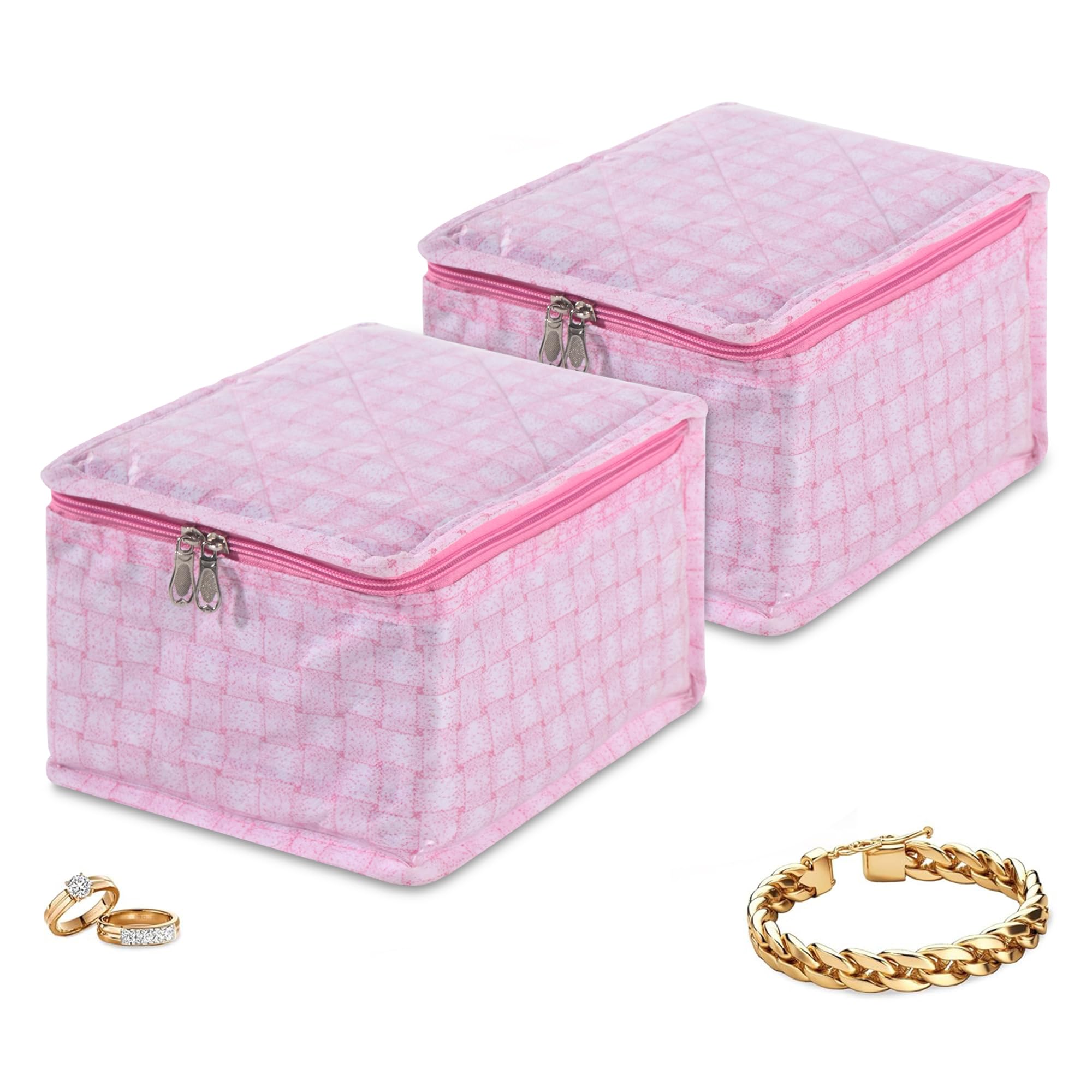 Kuber Industries 2 Pcs PVC Jewellery Organisers Pouch with 10 Compartments | Jewellery Kit for Storage Earrings, Rings and Bracelet | Check Laminated Design - Pink