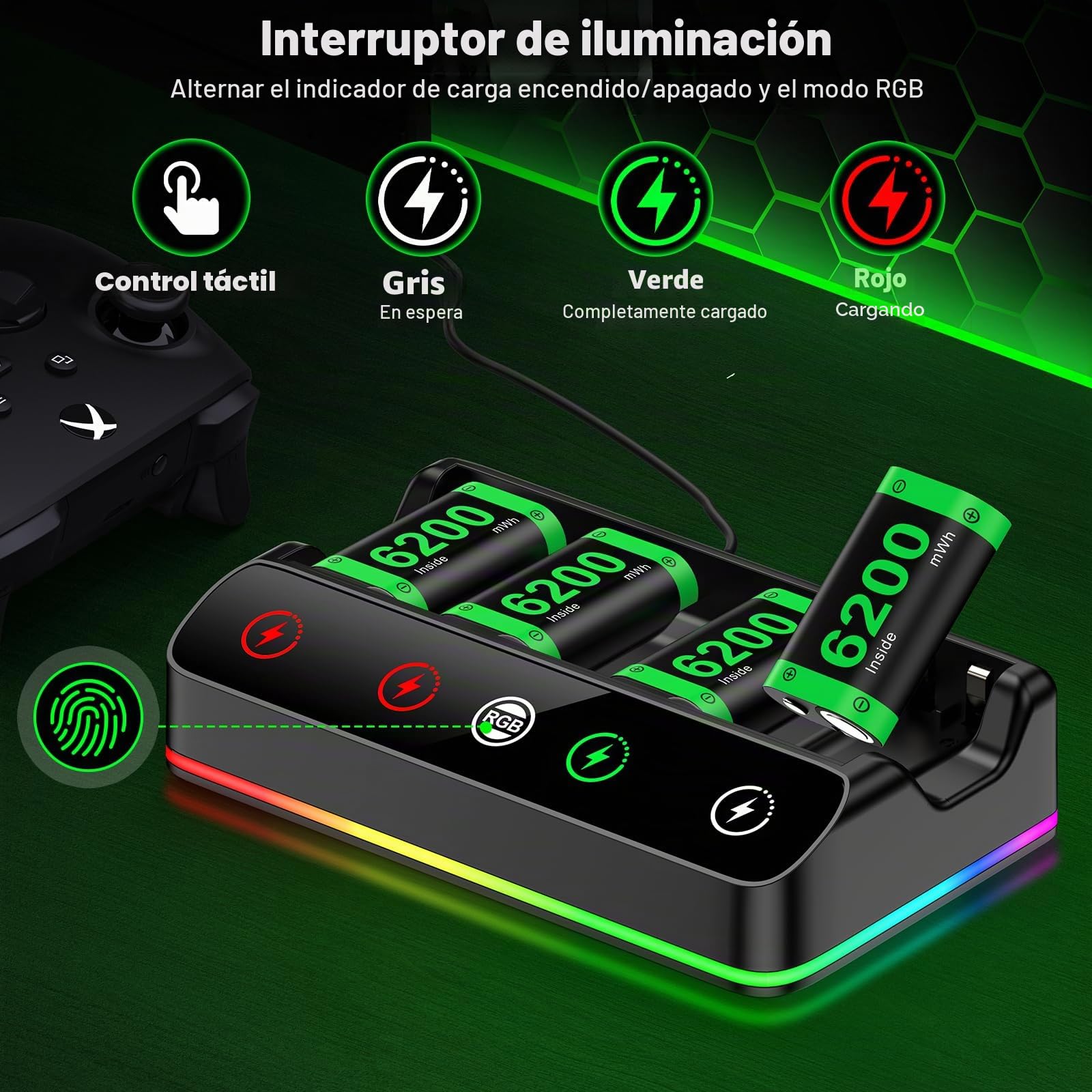 HELLCOOL Paquete de batería para controlador Xbox, batería recargable de 4 x 6200 mWh con base de carga/Cool RGB/cable de carga, cargador para Xbox Series X|S,One/Elite/S|X
