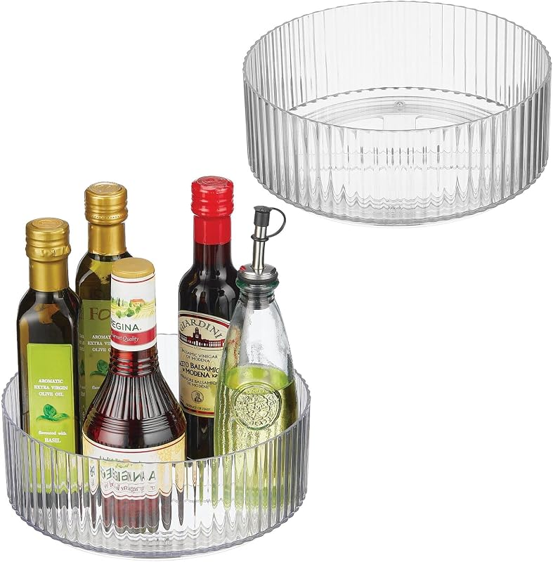 Fluted Lazy Susan Turntable Plastic Spinner for Kitchen and Bathroom Cabinet, Cupboard, Countertop Organizing, Rotating Organizer for Condiments, Jewelry, Accessories, 9" Round - 2 Pack, Clear