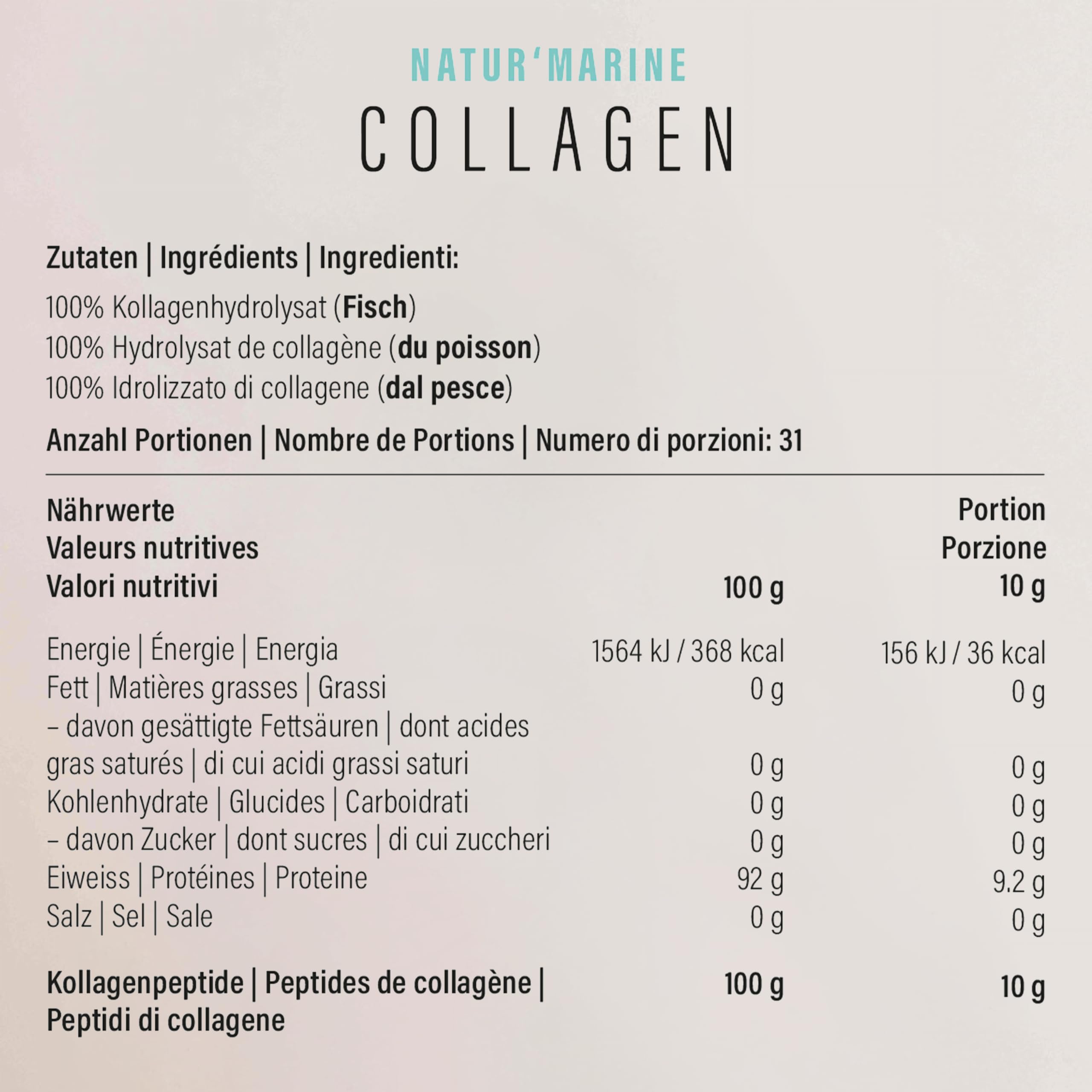 Natur'Marine Collagen Pulver - 310g I Reines Kollagen Pulver - Gute Löslichkeit I 100% Kollagenhydrolysat (Fisch) ohne Zusatzstoffe & Nachgeschmack I Meereskollagen - Made in Switzerland