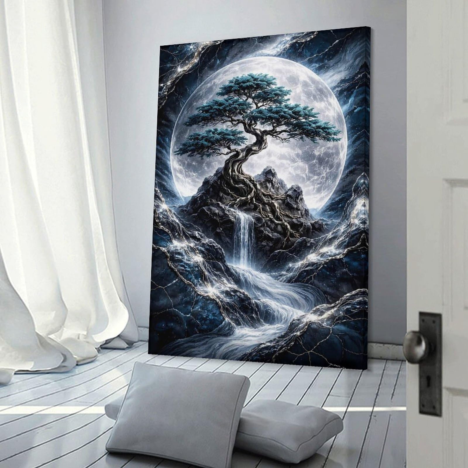 Junmoney Enchanted Moonlit Bonsai Waterfall Decorative Wall Artwork 20x30inch(50x75cm), for Living Room, Lounge Or Sitting Room, A Home Accent with Warm Character
