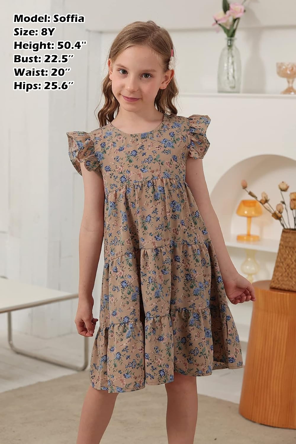 GORLYA Girls Floral Ruffle Sleeve Swing Tiered Dress 4-14Y | Flutter cap sleeves & tiered swing hem, summer boho floral, ideal for school, beach party, prairie vacation, and daily wear.