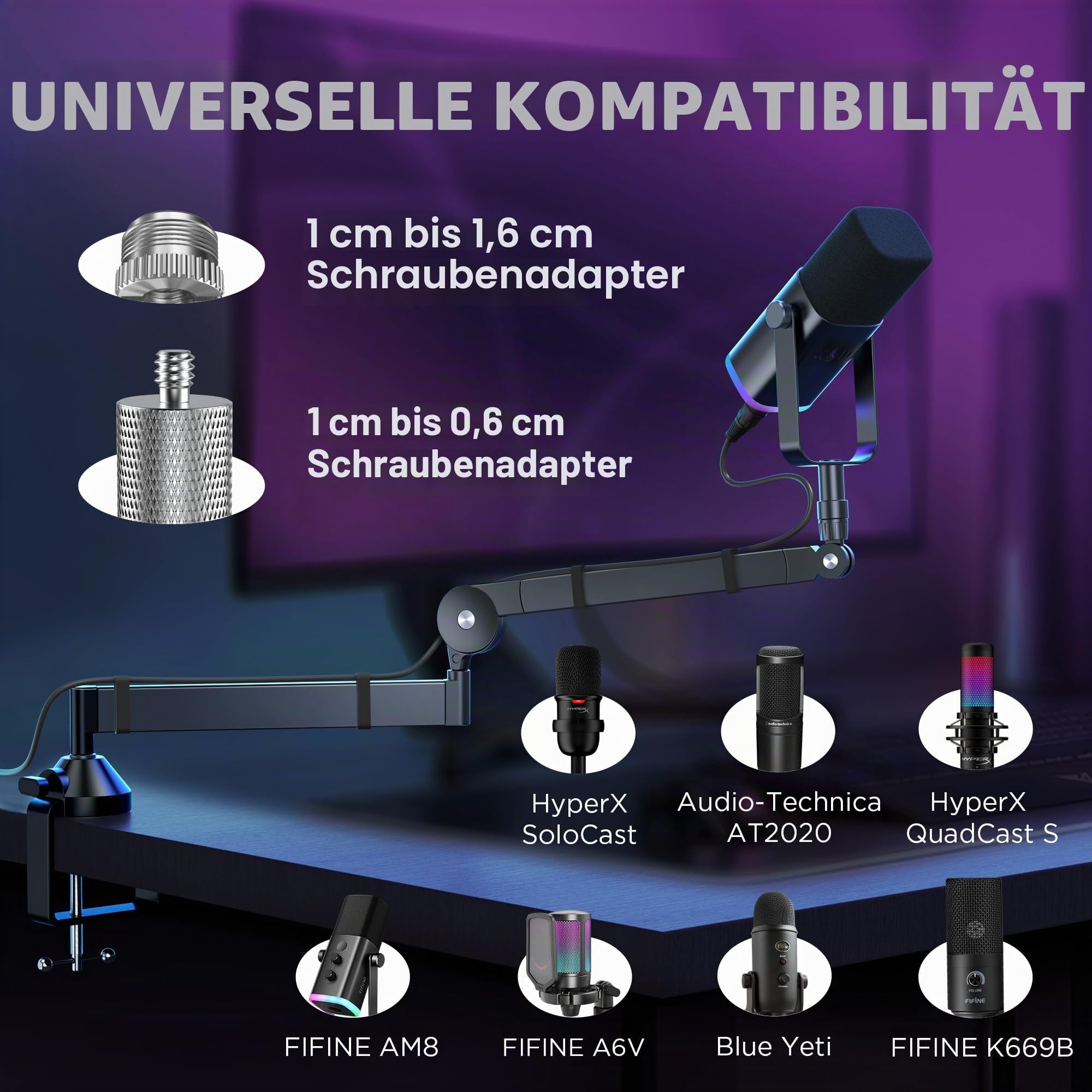 InnoGear Niedriger Profil-Mikrofonarm, 360° Drehbarer Mikrofonständer für Fifine AM8 K669B Blue Yeti HyperX QuadCast SoloCast AT2020, Mit Mikrofon-Clip 3/8 Zoll auf 5/8 Zoll
