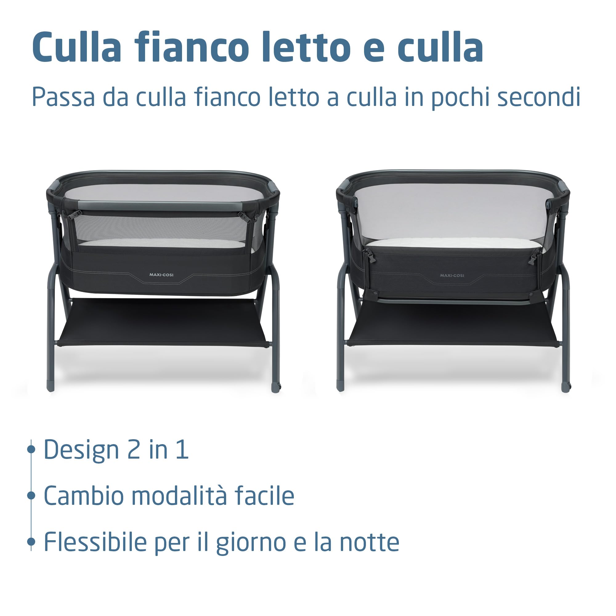 Maxi Cosi Iora² Culla Co-Sleeping, 0–6 Mesi (9 kg), Culla Neonato Fianco Letto Pieghevole e Leggera, Materasso 5 cm CloudCore, 5 Livelli, 2 Ruote Scorrevoli, Funzione Easy Slide, Elegance Graphite