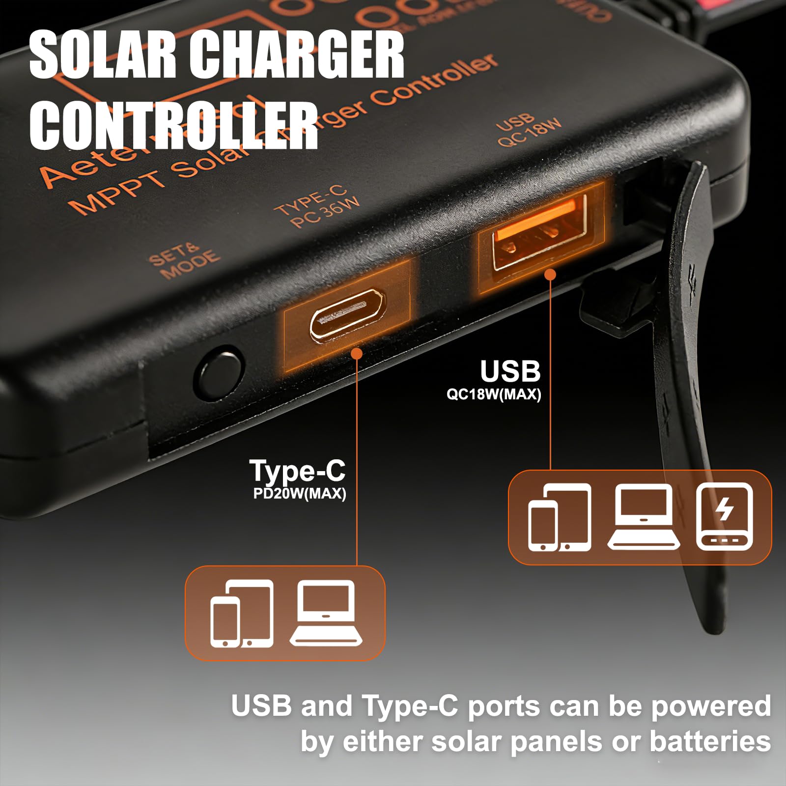 AeternaSol MPPT Solar Charge Controller 12V 10A Solar Panel with LCD Display Charge Controller for Gel AGM Lithium LiFePO4 Batteries Charge Controllers Compatible with Type-c and USB（12v/10A） - 4