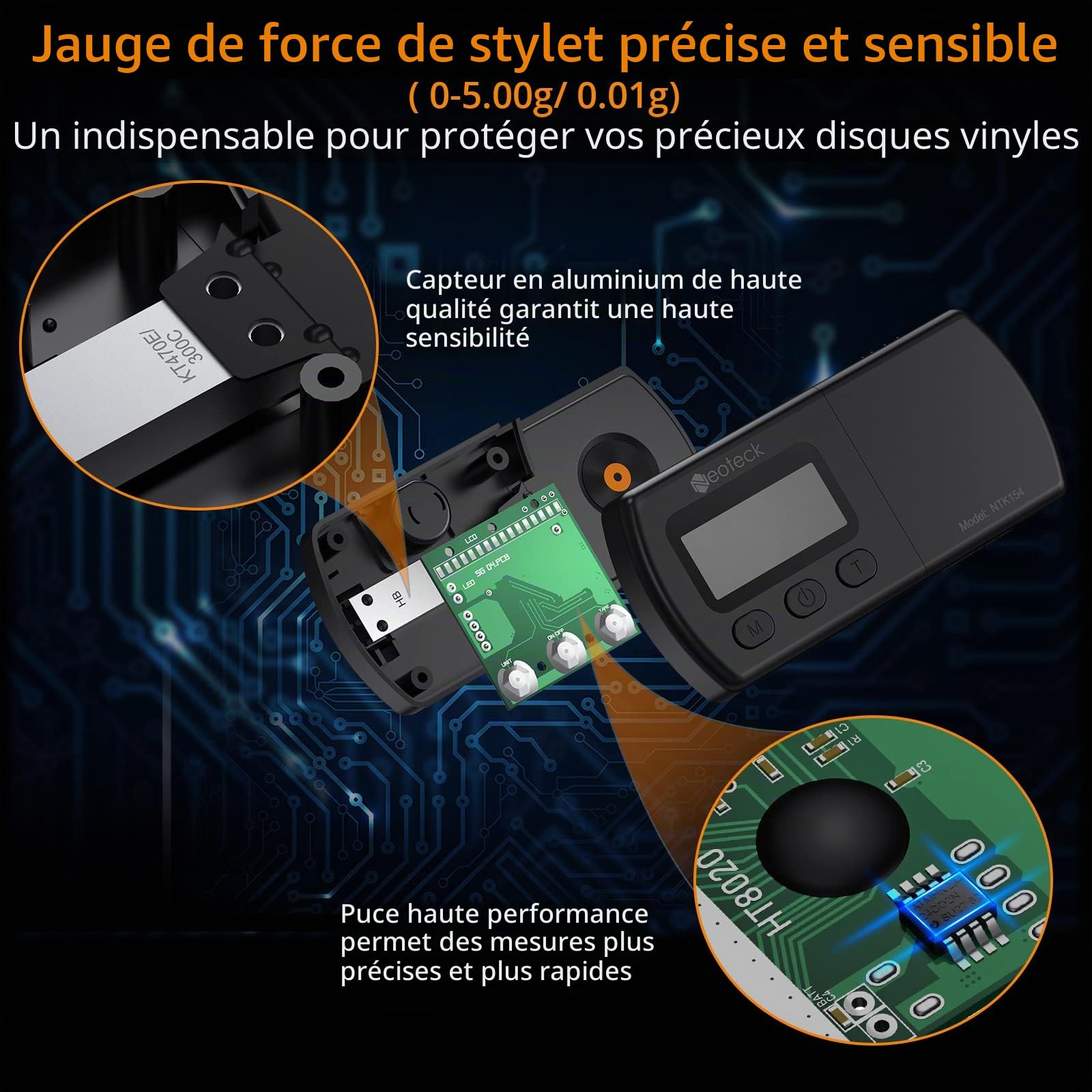 Neoteck Balance Numérique de Force Cellule Vinyle 0.01g - Non Magnétique avec Poids de Calibration - Pèse Cellule Platine Écran LCD Rétroéclairé - Jauge Stylet Accessoire Audiophile & Cadeau DJ