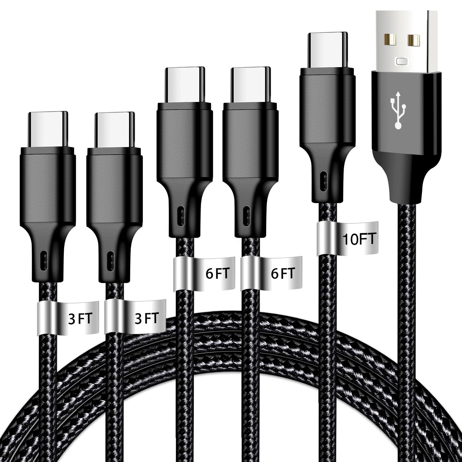 Cable de carga USB A a USB C, paquete de 5 unidades [3/3/6/6/10 pies] Cable de carga rápida tipo C, cable de transferencia y datos de alta calidad, compatible con iPhone 16/15/Pro/Plus/Pro Max, iPad