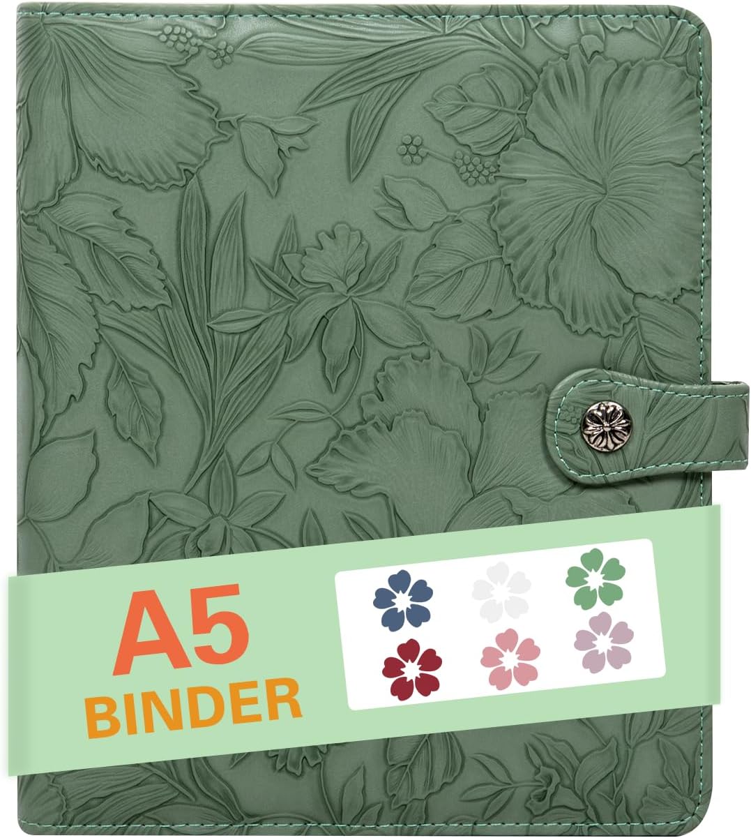 AZXCG A5 Notebook PU Leather Binder,6 Ring Refillable Journal,Press Button,Embossed Leather Binder for Women(Watergrass Green)