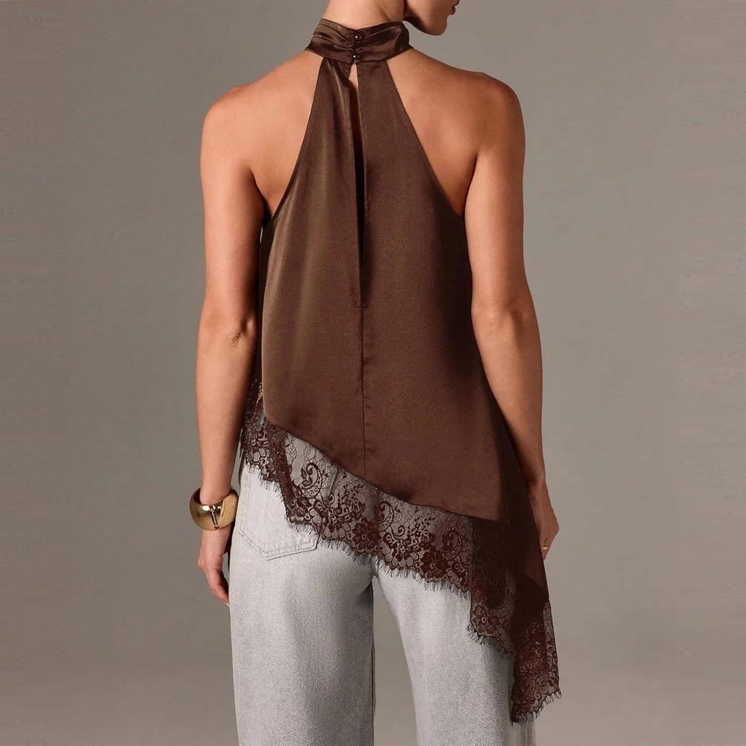 Women Satin Halter Top Y2K Mock Neck Lace Trim Asymmetrical Hem Tank Top Sleeveless Going Out Crop Tops - Image 4