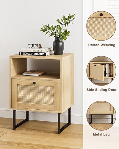 Miniatura 16 de Masupu Mesita de noche de ratán con estación de carga, moderna mesita de noche de madera bohemia con cajón de almacenamiento y estante abierto, mesa