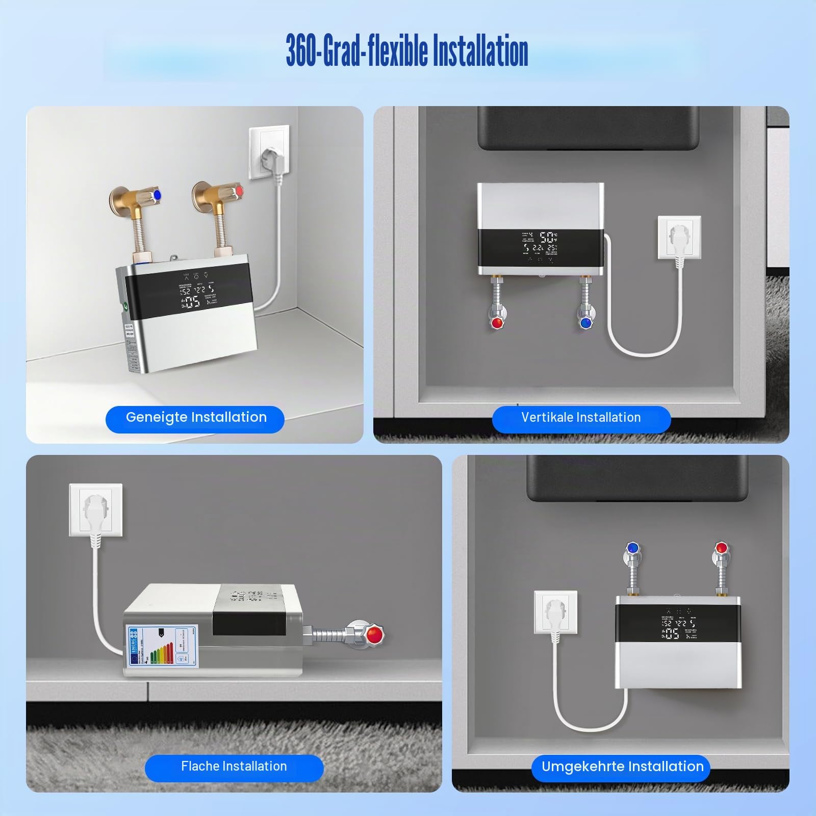 6000W Durchlauferhitzer 230V mit Fernbedienung & LED-Display | Mini Elektrischer Warmwasserbereiter für Dusche und Küche | Inkl. Duschkopf, IPX4 Schutz für Bad & Garten (Silber)