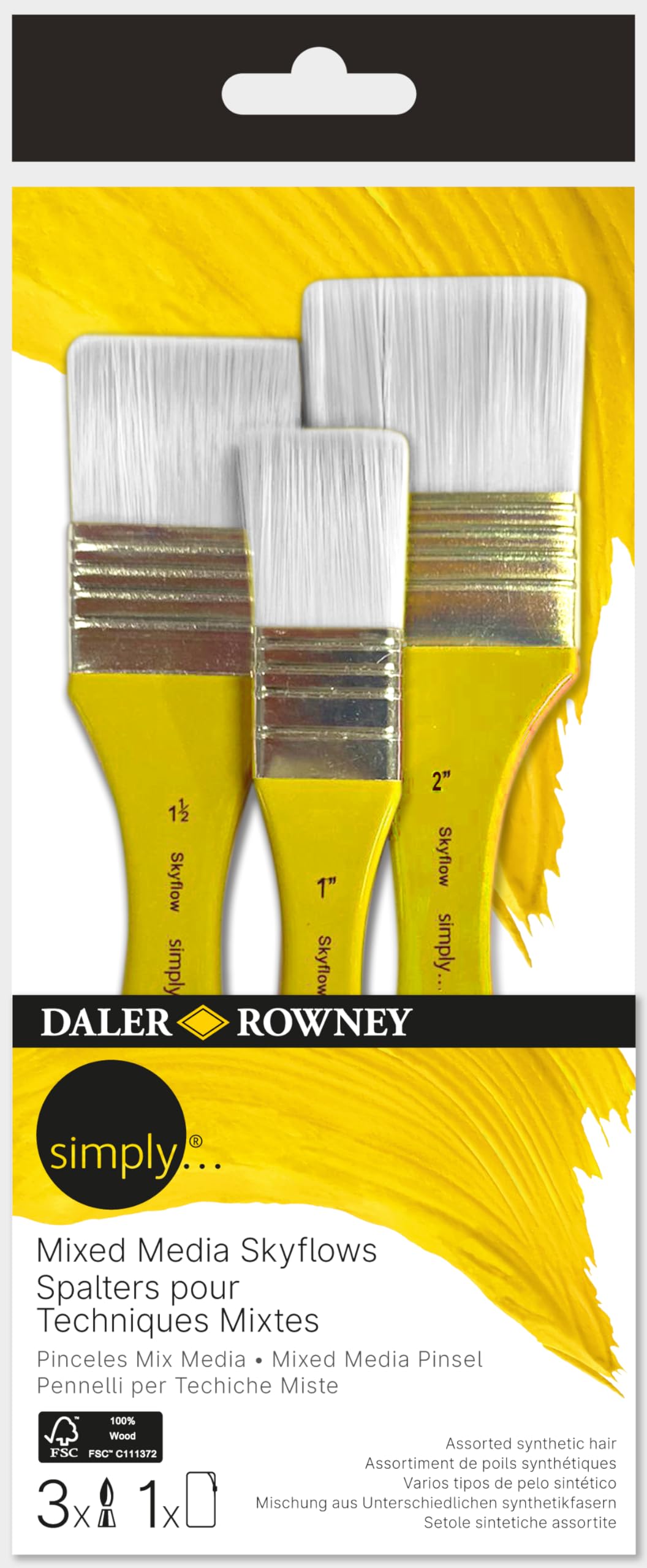 Daler-Rowney Simply Mixed Media Short Handle Skyflow, 3 Assorted Synthetic Hair Brushes, For Entry-Level Artists & Hobbyists