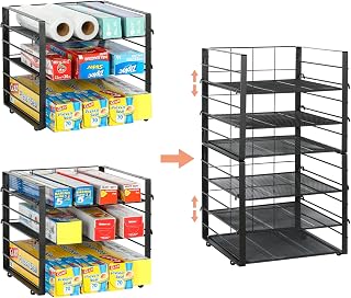 Upgraded Stackable Wrap Box Organizer Rack, 3-Tier Adjustable Foil Organizer Holder for Kitchen Countertop Pantry organization and storage-Under Sink Organizers and Storage Suitable,Black(2 Pack)
